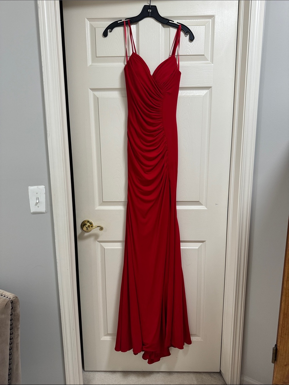 Jovani Red Ruched Maxi Dress with Double Spaghetti Straps